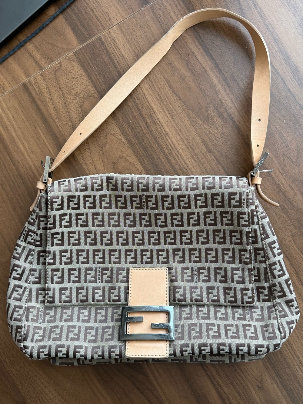 Fendi Brown FF Canvas Mama Baguette with Tan Leather Strap
